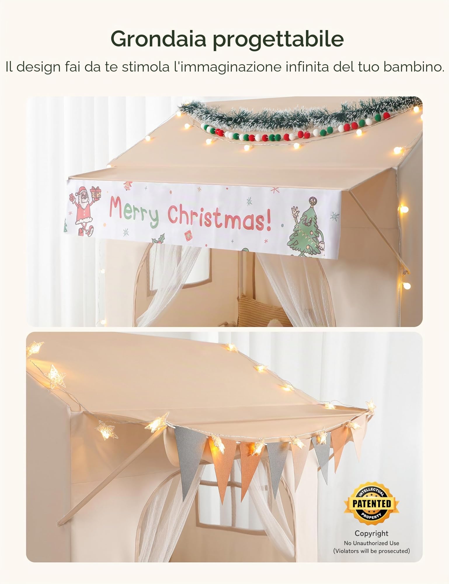 Besrey Tenda per Bambini 2-in-1, Tenda da Gioco con Tettoia per Interni ed Esterni, con Luci, Bandierine e Tappetino, Design Ampio per Lettura e Giochi Creativi - Regalo di Natale Ideale per Bambini
