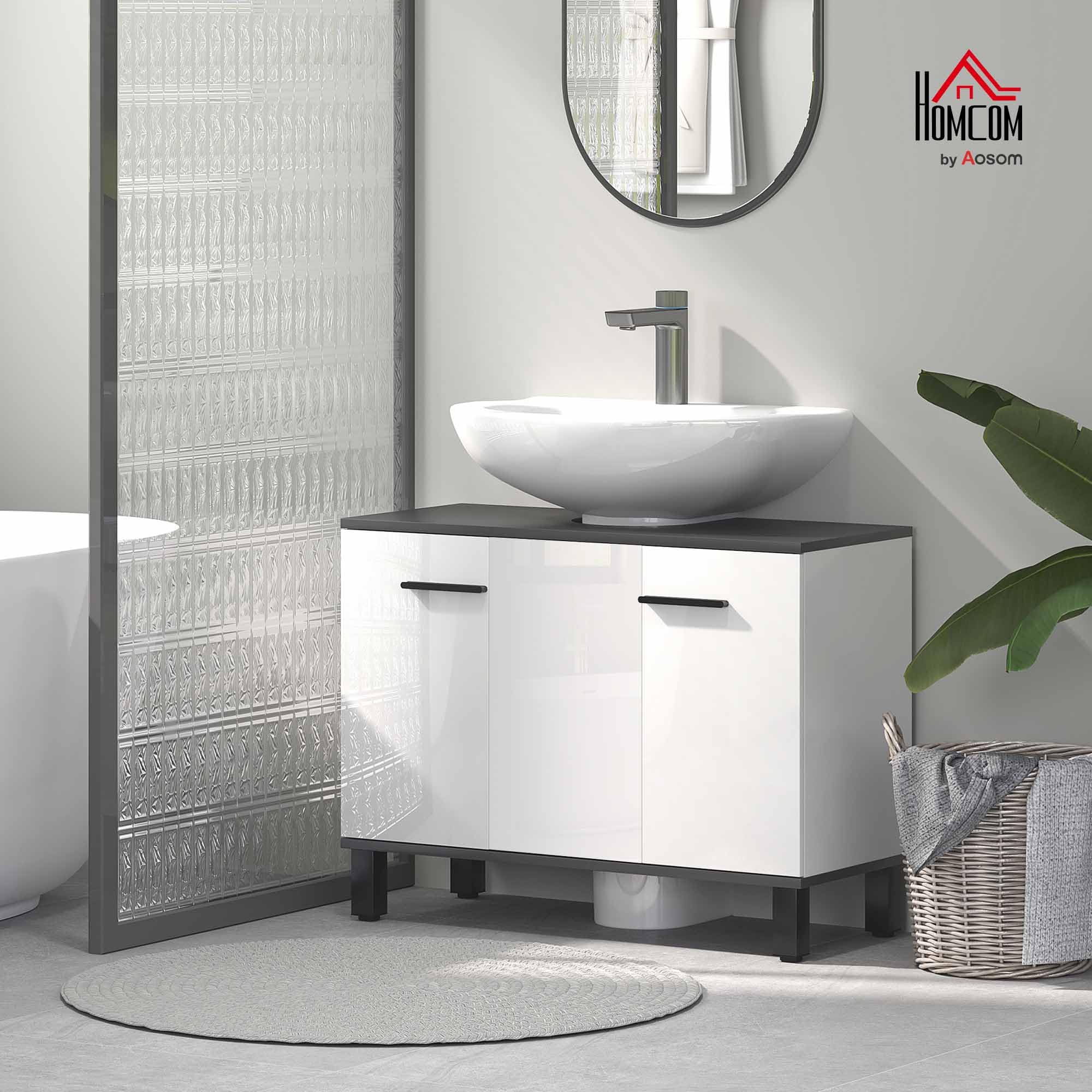 HOMCOM Mobile Sottolavabo per Bagno 80x34x60cm Bianco Lucido | 2 Ante, Ripiano Regolabile, per Lavabi con Colonna, Maniglia, Piedini Antiscivolo, Legno Truciolato