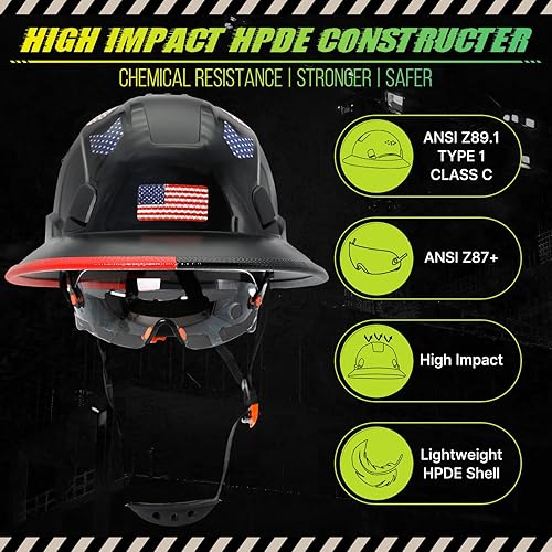 Miniatura 2 de Cascos De Construccion - Casco de ala completa con visera transparente aprobado por la OSHA y correa para la barbilla, casco de seguridad ajustable