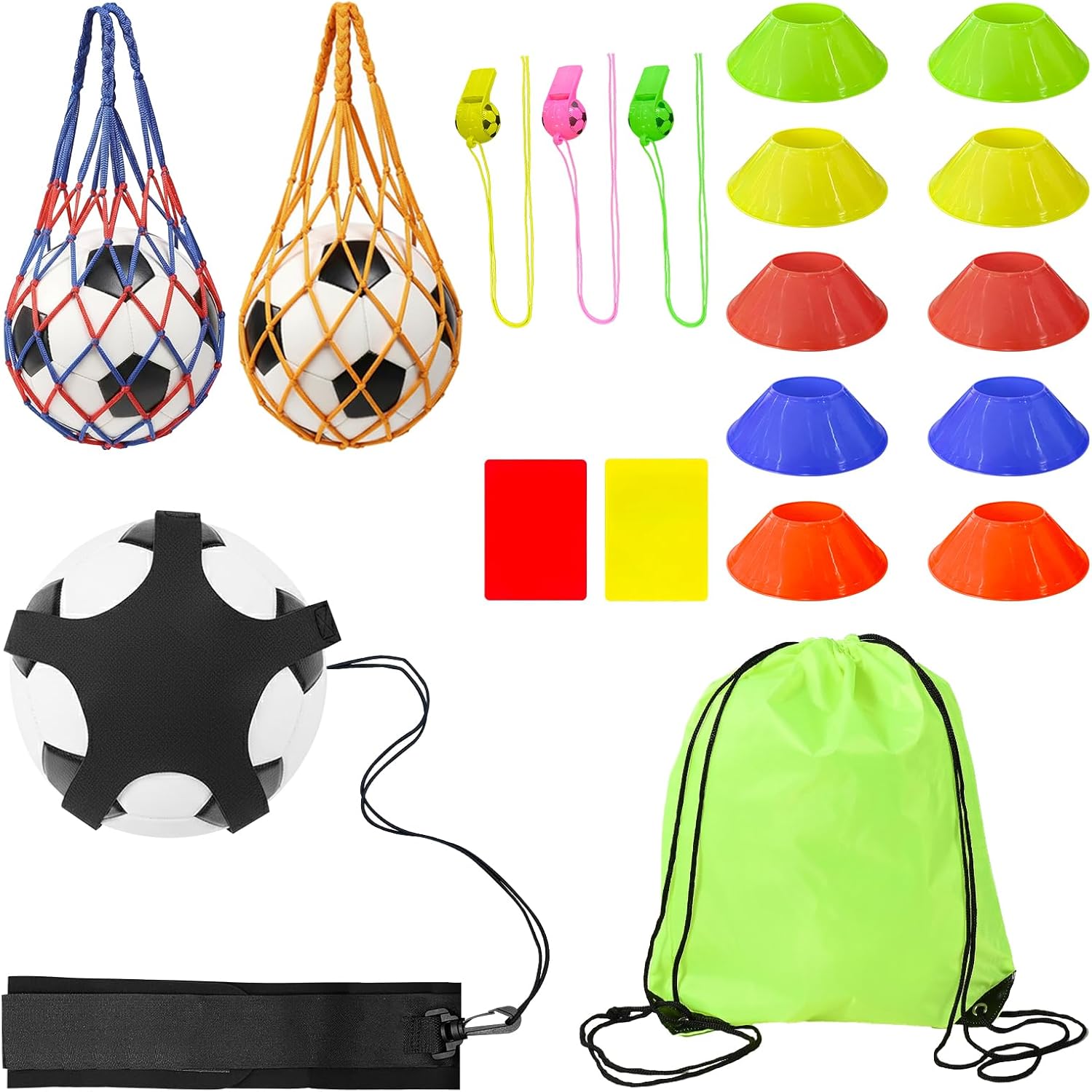 18 Pcs Soccer Trainer, Soccer Training Equipment, Waist-Mounted Juggling Pouch with 2 Reinforced Handheld Nets and 10 Marker Discs, 3 Whistles, Red/Yellow Cards, Drawstring Bag