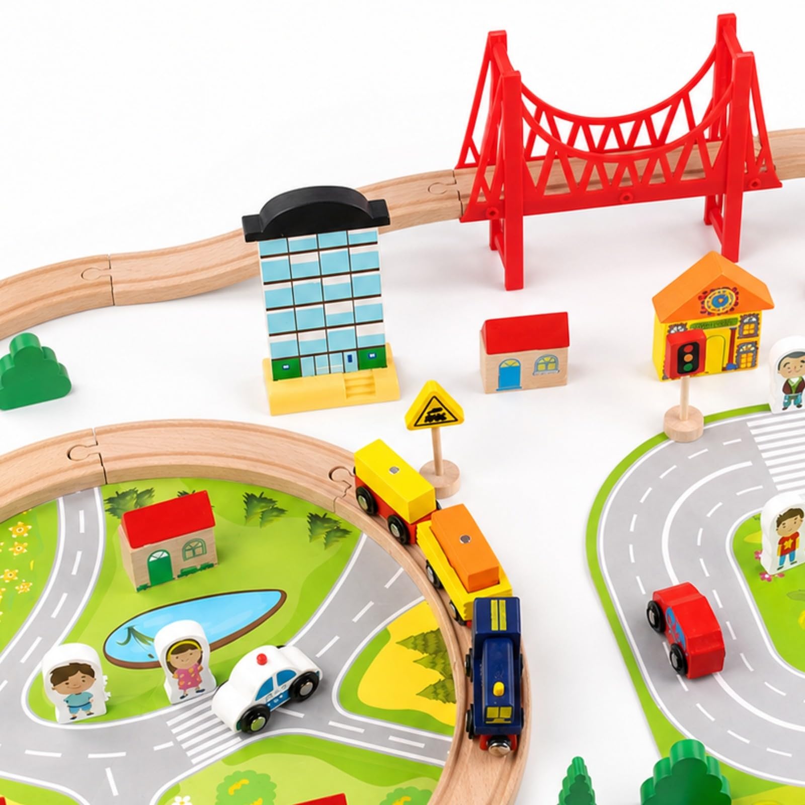 predolo Jeu Train Miniature Coloré Assemblage Facile, Circuit Train en Bois, Circuit Bâtiments, pour Chambre d'enfant, Enfants