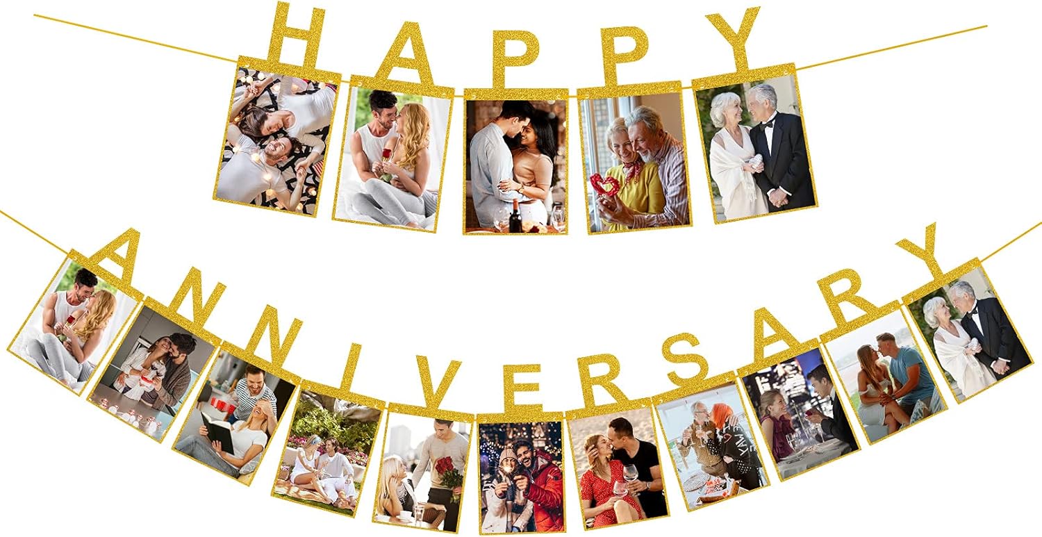 Happy Anniversary Photo Banner Backdrop Decorations Gold