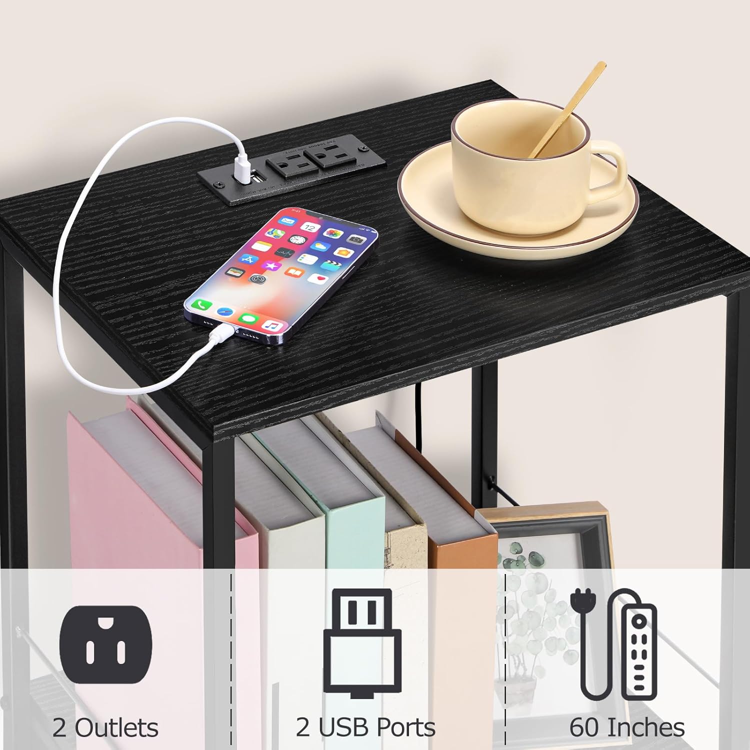 Black Nightstand, Side End Table with Charging Station and USB Ports, 2 Tier Night Stand with Fabric Drawer and Open Shelf, for Bedroom, Living Room