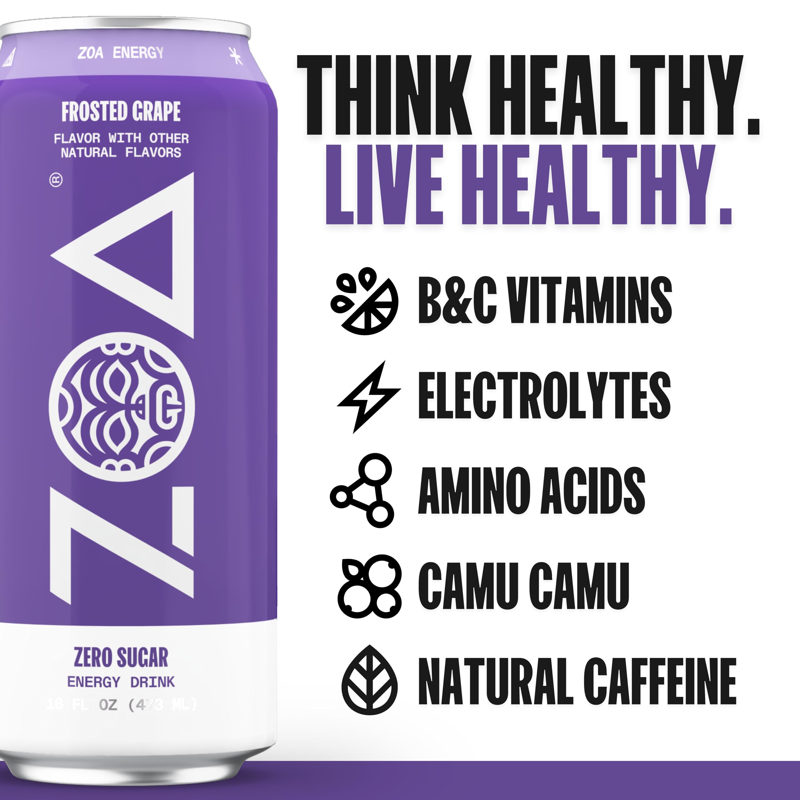 ZOA Zero Sugar Energy Drinks, Frosted Grape Clean