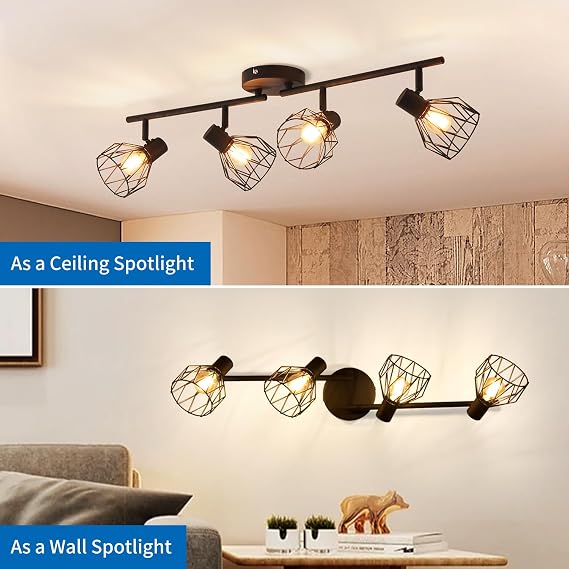 ANWIO Kitchen Lights Ceiling,4 Way Black Lounge Industrial Wall Lights-Adjustable SpotLights Ceiling Lights Wire Cage with E14 Base, Light Fittings Ceilings for Kitchen Living Room(NO Bulbs) [Energy Class A]