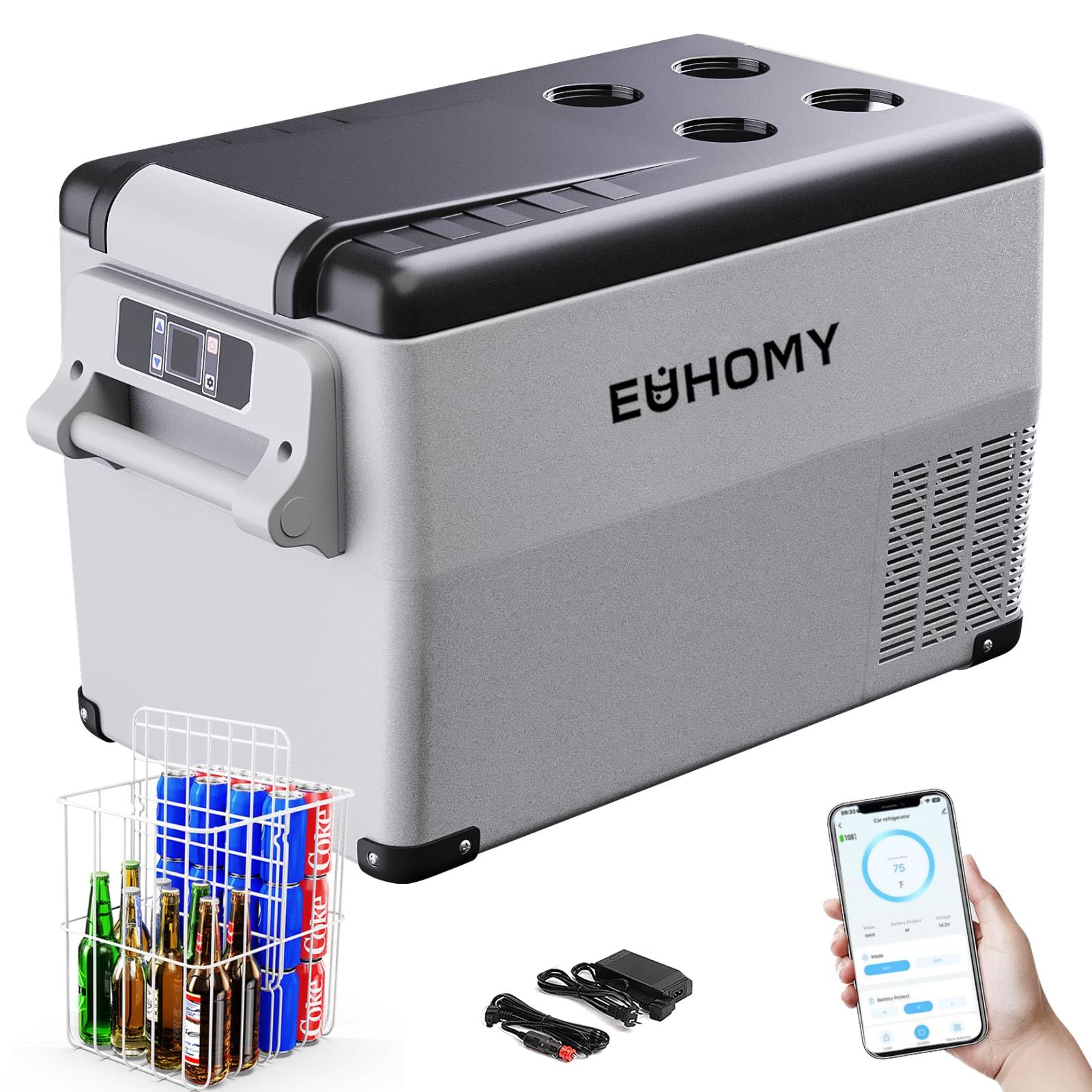 EUHOMY 30,6L Kompressor Kühlbox 12V/24V DC - Kühl-Gefrier-Kombi (-20℃~20℃) mit App & LCD-Display | Tragbarer Campingkühlschrank für Wohnmobil, Auto, Boot | 3-Stufen-Batterieschutz (ECO/MAX), ≤45dB
