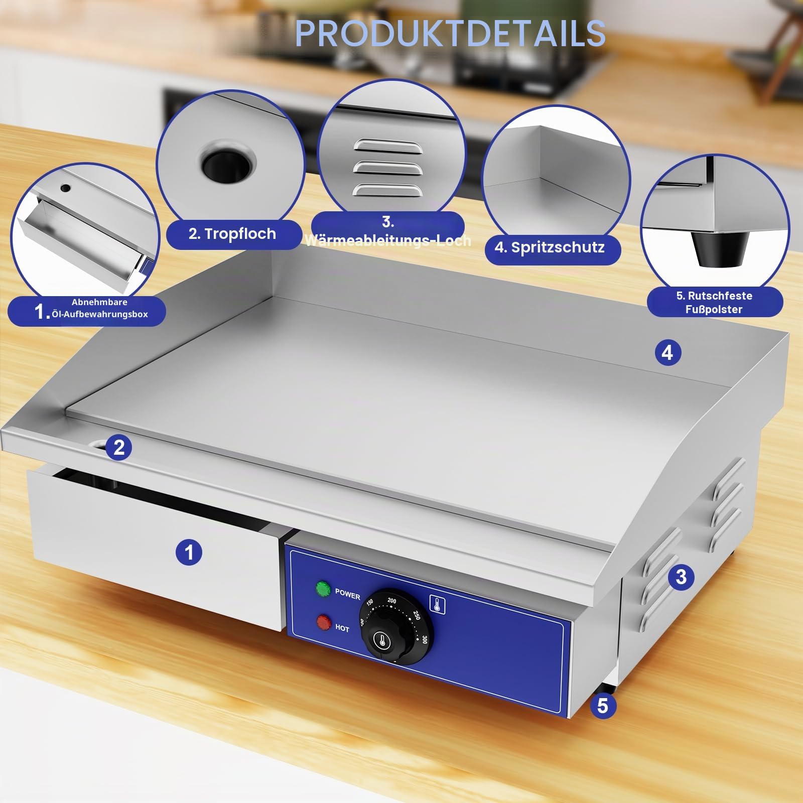 TAIMIKO Elektrische Grillplatte, Professionell, 55 x 35,5 cm, 2 Kochzonen, 3000 W, Kommerziell, Edelstahl, Freistehend, Mit Thermostat Und Abnehmbarer Saftwanne