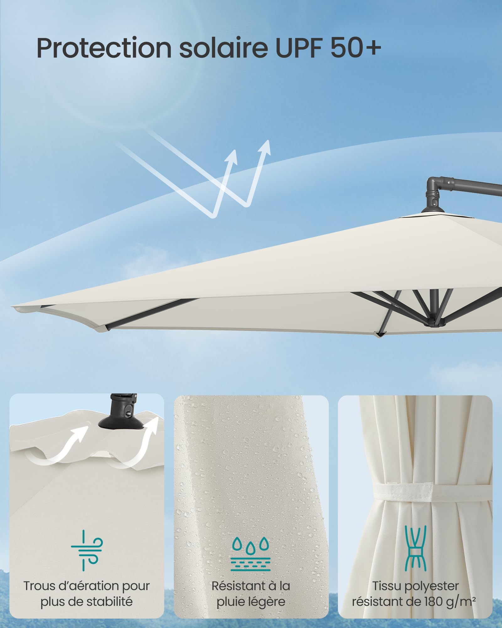 SONGMICS Parasol Déporté, Socle en Croix, Ombrelle, Protection UPF 50+, Manivelle d'Ouverture et de Fermeture, Jardin, Terrasse, Piscine, Plage