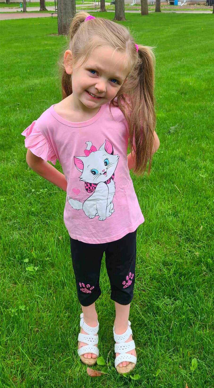 Popshion Kids Girls Summer Outfit Flutter Sleeve Low High Cat T Shirt Capris Leggings Toddler 2 Piece Kitty Clothes Set 5-6 Years/6t
