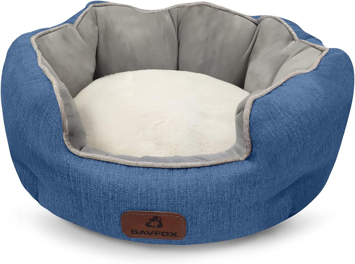 SAVFOX Small Dog Bed & Cat Bed, Round Plush Pet Bed for Indoor Kitten Puppy Rabbit, Extra Soft Self Warm Cool Comfort Cushion Machine…