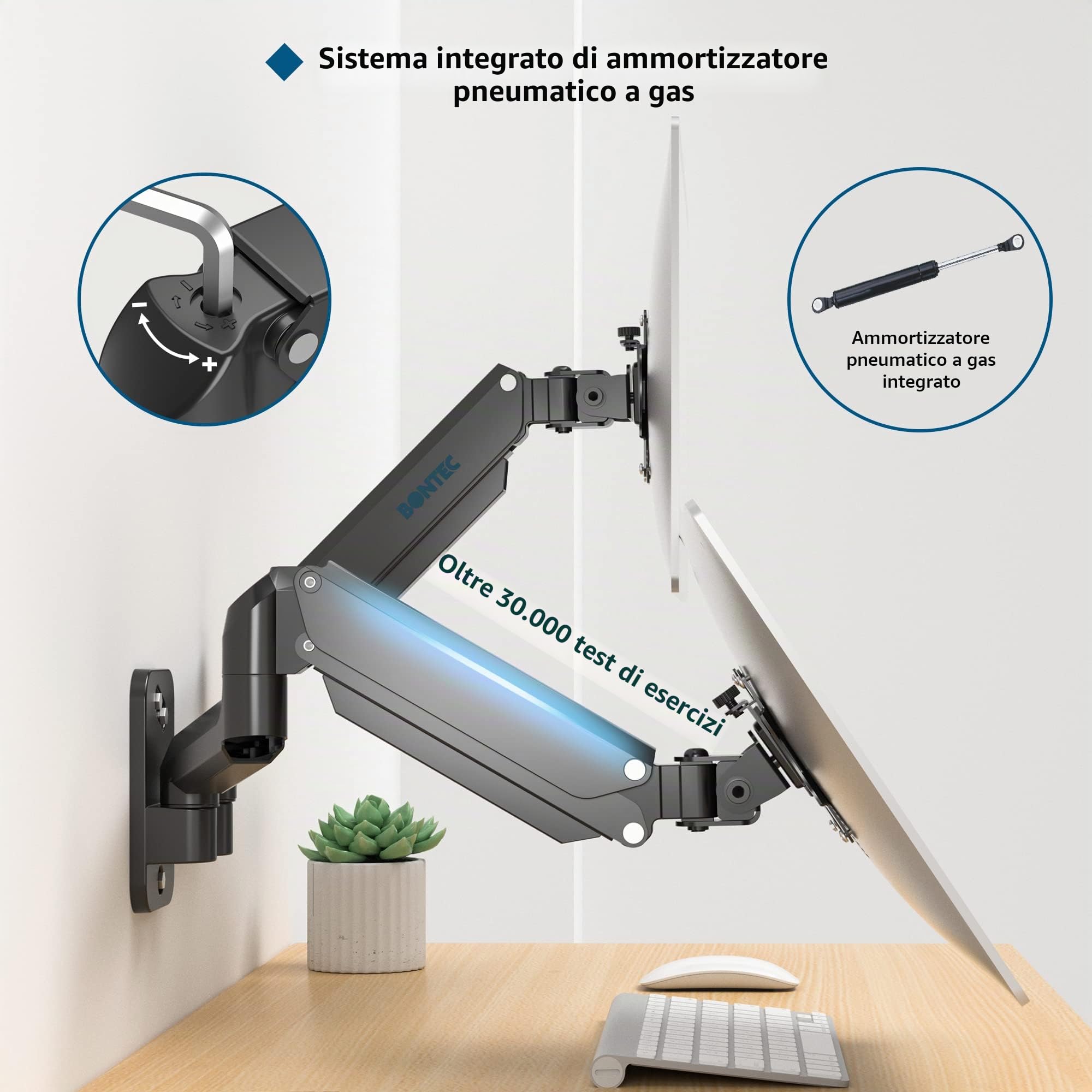 BONTEC Supporto da parete per monitor da 13 a 27 pollici, braccio a molla a gas fino a 8 kg, orientabile e orientabile, supporto doppio VESA 75 e 100 mm