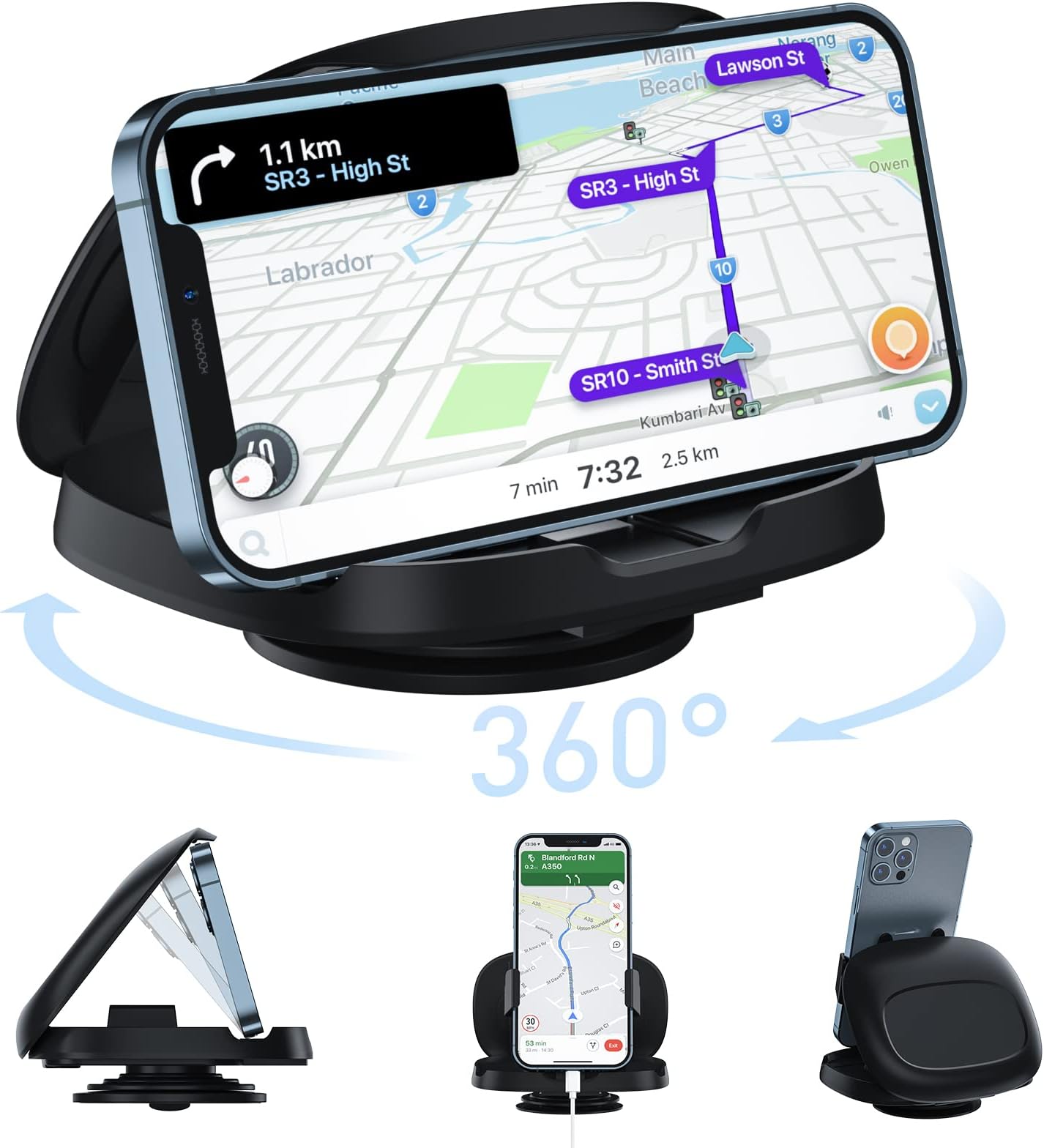 JOYEKY Cell Phone Holder for Car, Vertical Horizontal Car Phone Mount with 360° Rotate Dashboard Cradle Compatible iPhone Samsung Galaxy Android Smartphones, GPS Devices
