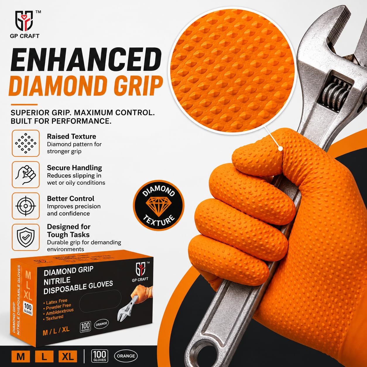 GP-68 Orange Nitrilhandschuhe, 8 mm, strapazierfähig, latexfrei, puderfrei, Einweg mit Diamantgriff, 100 Stück, L