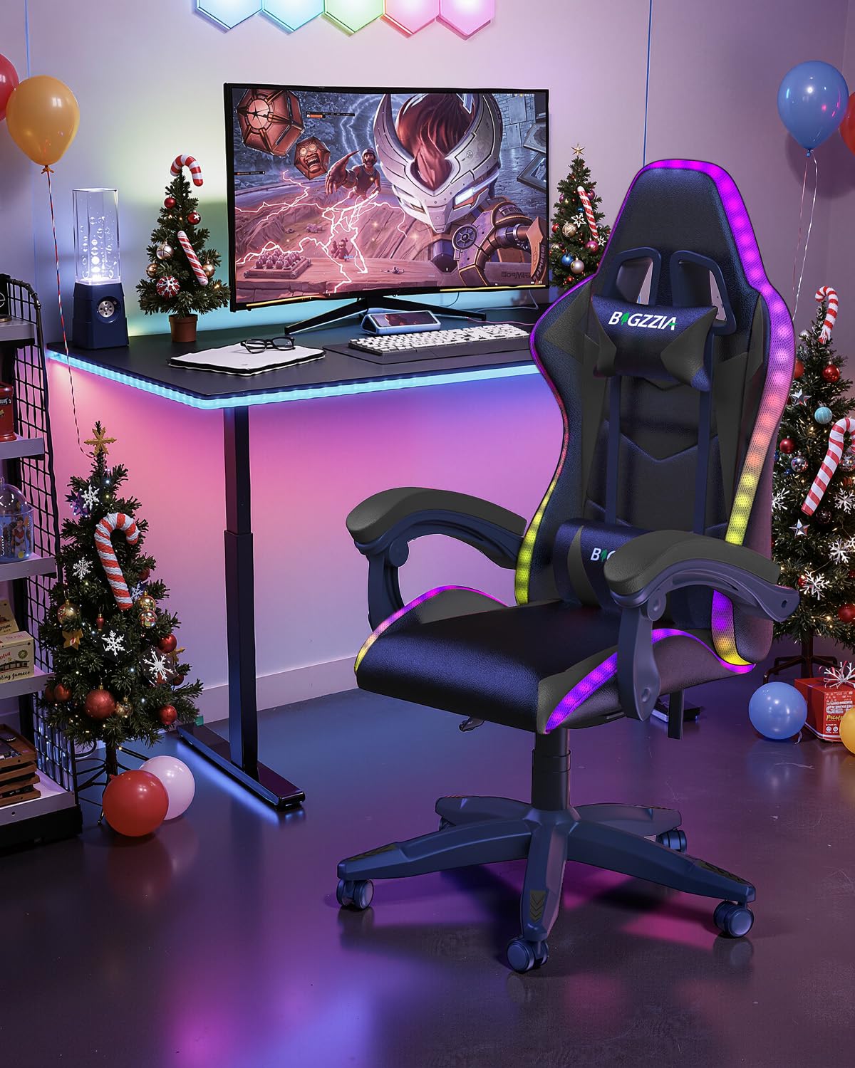 bigzzia Ergonomique Chaise Gaming avec éclairage LED Effets, Dossier Hauteur Réglable, Fauteuil Gaming LED avec Lombaire&Appui-Tête Appui, Chaise de Bureau Adultes Enfants (avec LED Effets, Noir)