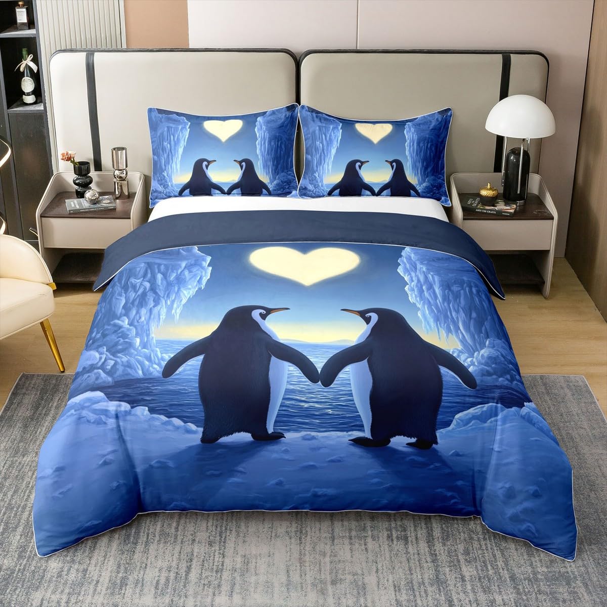 Parure de lit pingouin 100% coton housse de couette 155x220 cm avec taie d'oreiller