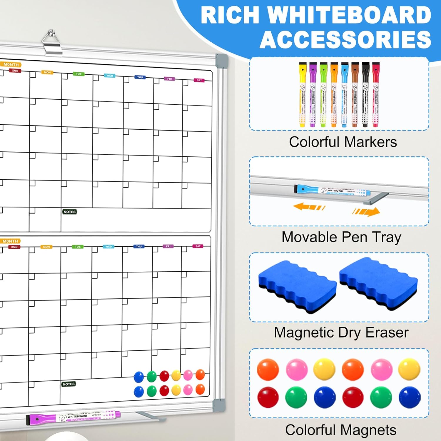 Magnetic Large Calendar Whiteboard for Wall 72" x 40", 4 Month Dry Erase Board Calendar for Wall Mounted Board, Big White Boards for Wall, Office White Board Planning Board for School, Home