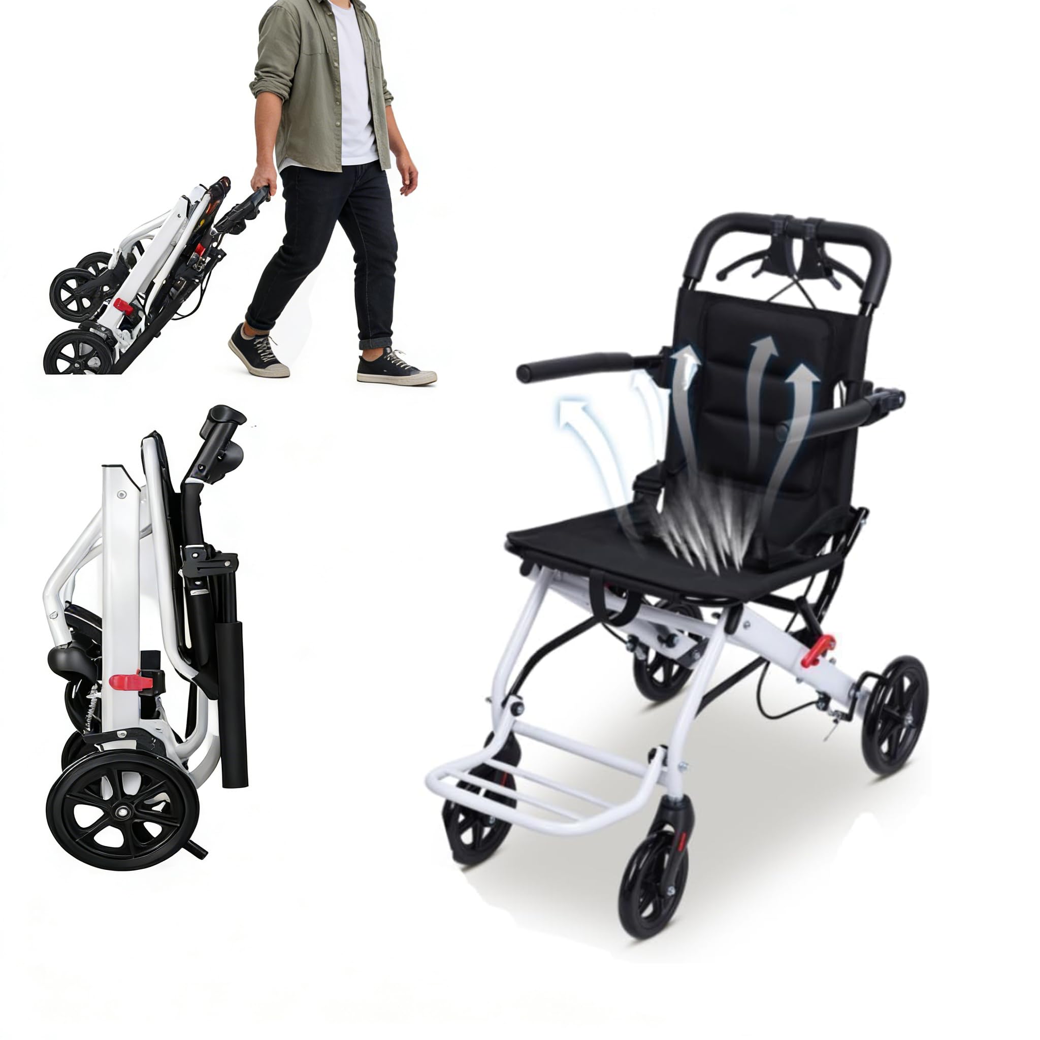 Silla de ruedas plegable ligera, solo 8,2 kg, sillas de ruedas de transporte portátiles con correa de seguridad ajustable, reposabrazos abatibles de 270°, reposapiés extraíble, silla de viaje