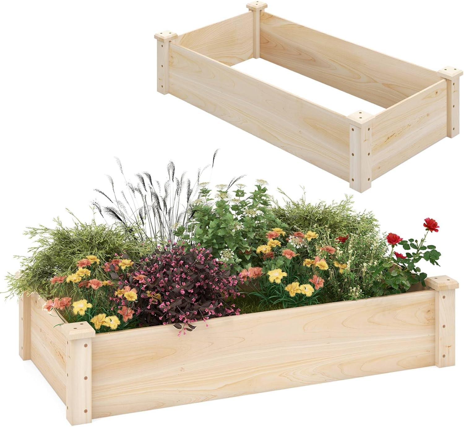 TANGZON Raised Garden Bed with Open-ended Base, Wood Planter Box Kit for Vegetables Flowers Herbs Fruits, Elevated Square Planting Bed for Backyard Patio (Natrual, Rectangular, 120 x 60 x 25 cm)