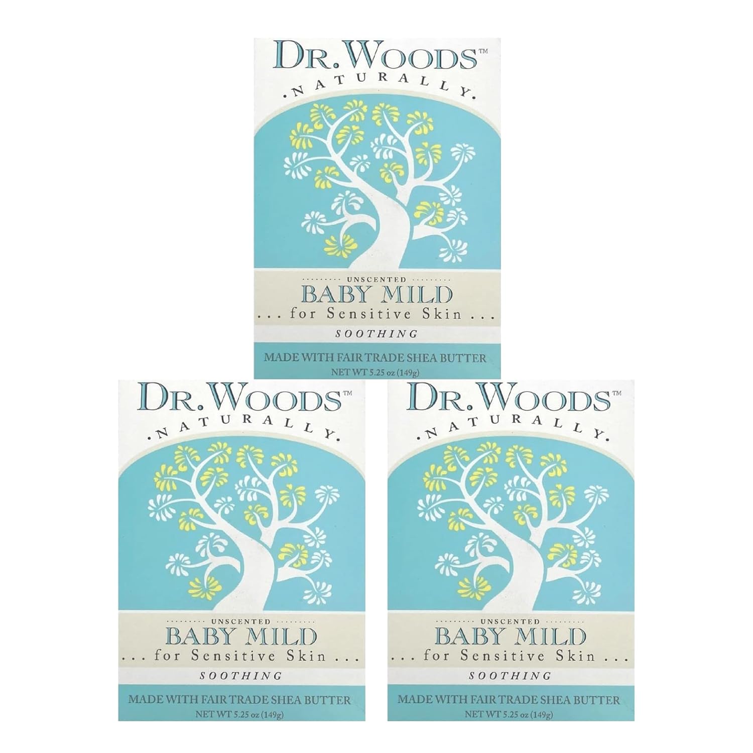 Dr. Woods Unscented Baby Mild Bar Soap with Organic Shea Butter - Made with Natural Oils, Fragrance Free Castile Bar Soap for Sensitive Skin - 5.25 Oz Bar (Pack of 3)