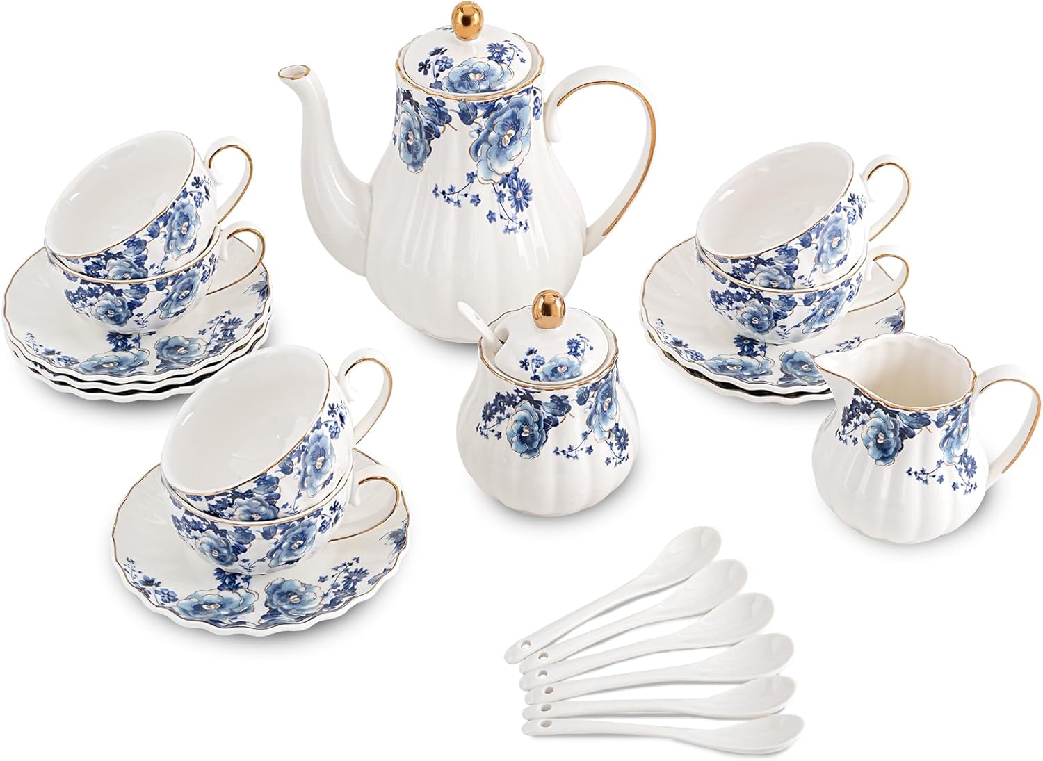 Porcelain Tea Sets tea cups and saucers set of 6 with Sugar and Creamer Set & Teapot,teapot set for Adults (White with blue flower)