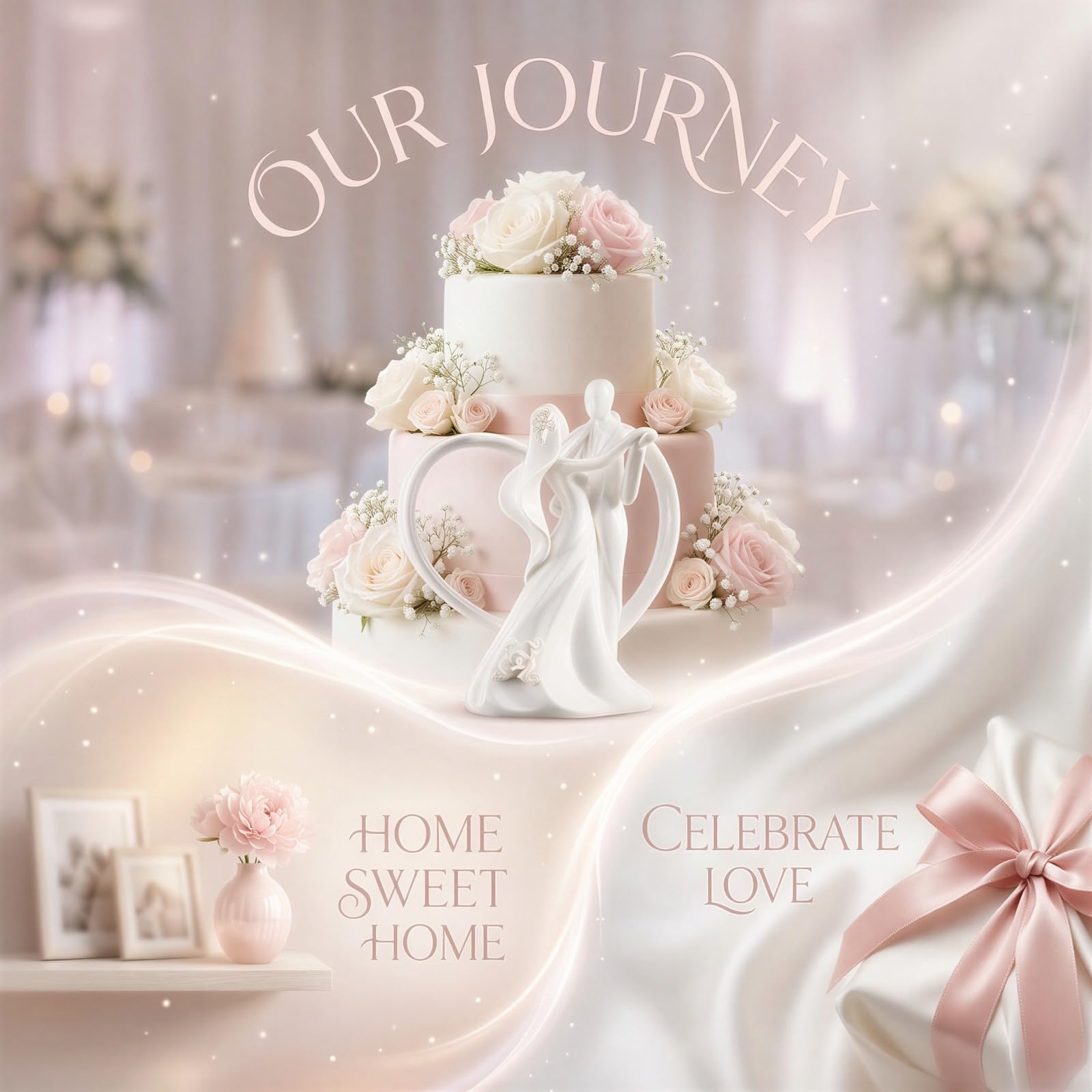 Keramik Cake Topper, cremeweiß, tanzendes Brautpaar mit Herzmotiv, 18,2 cm Höhe, Hochzeitsfigur und Sammelfigur für Empfang, Jubiläum, Zuhause und Büro, Deko für westliche Hochzeiten