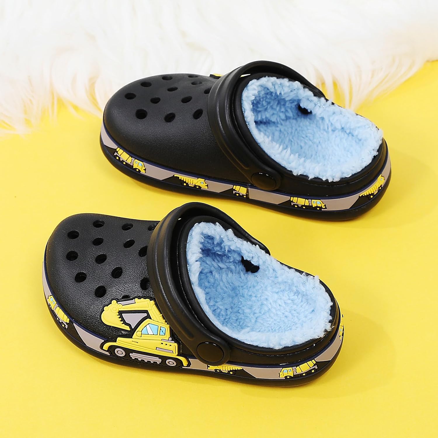 SECHRITE Toddler Kids Lined Clogs Garden Shoes with Fuzzy Fur Cartoon Slip On Mules Boys Girls Winter Warm Home Slippers Indoor Outdoor