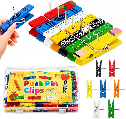 Zenoble 49 Pcs Push Pin Cute Thumb Tacks for Bulletin Board Decorations, Crayon Pencil Wood Clips Classroom Decorative Push Pins for Cork Board Wall Office Desk Back to School Supplies Gift