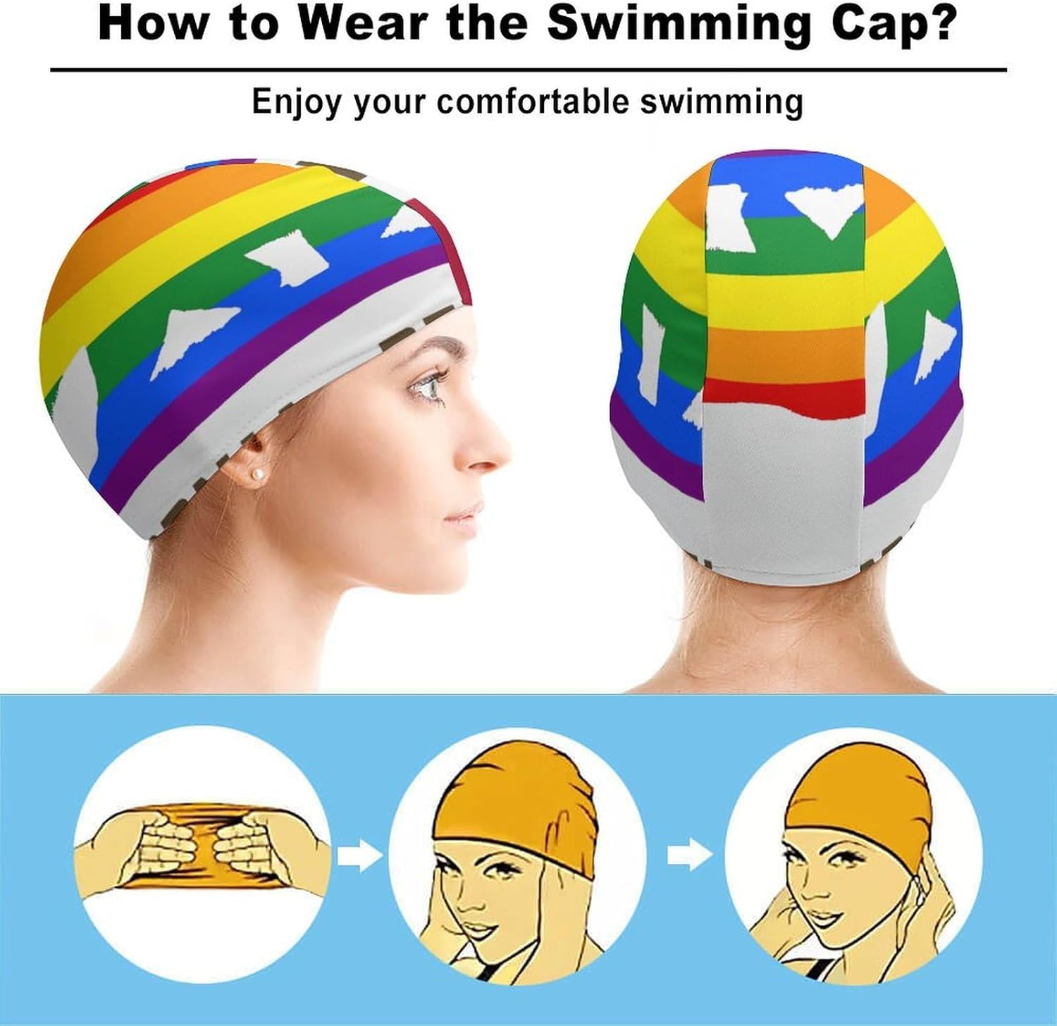 California Gay Flag U.S.A. Womens Swim Cap for Men Adult Swimming Hat Curly Short Medium Long Hair