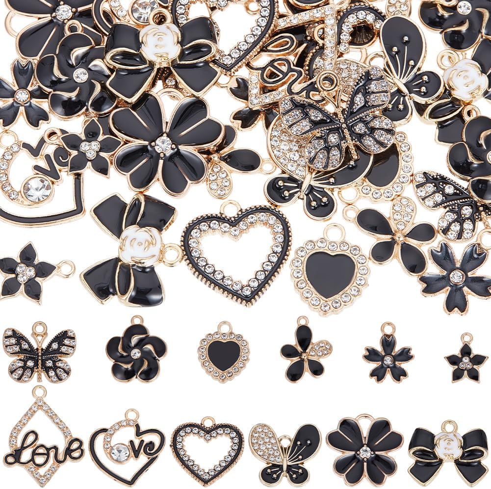 SUNNYCLUE 1 Box 48Pcs 12 Styles Black Enamel Charms Bowknot Charms Rhinestone Metal Alloy Heart Butterfly Love Charm for Jewelry Making Charms DIY Keychain Bracelet Earrings Necklace Valentine's Day