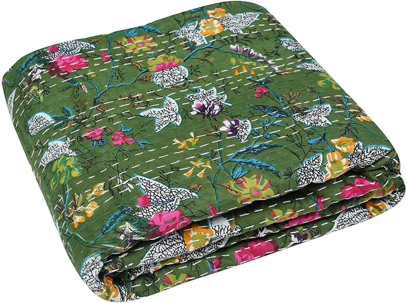 Indian Handmade Green Paradise Floral Print Fabric Kantha Quilt Queen Tribal Bed Cover Reversible Bedspread Blanket Coverlet 108x90 Inches (BFKQQ301)