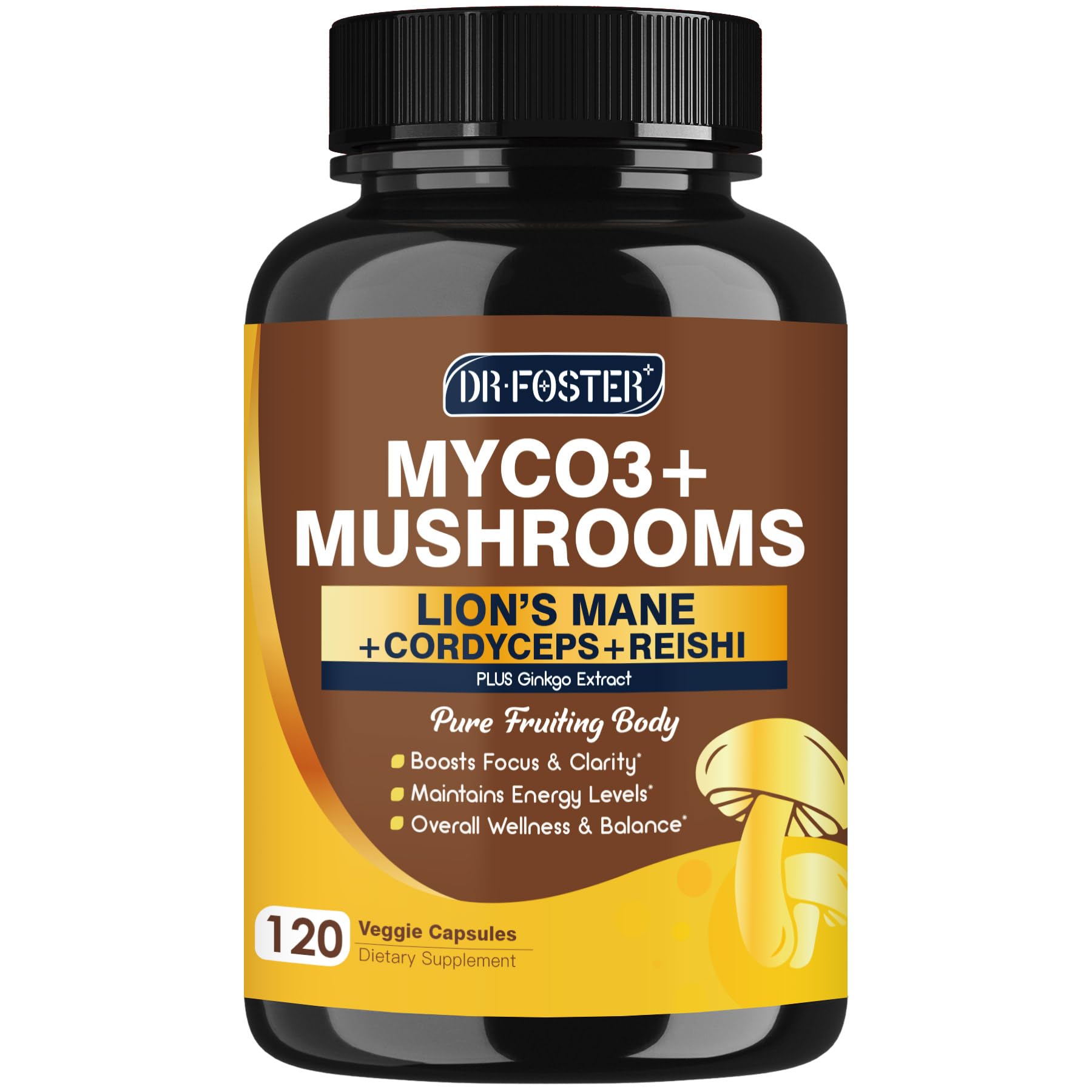 DRFOSTER Mushroom Supplement - Lions Mane Supplement Capsules with Cordyceps Reishi Ginkgo Biloba Mushroom Complex for Brain Energy