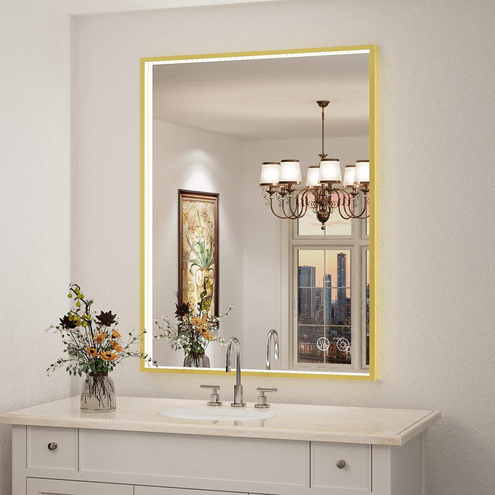 Miroir salle de bain LED antibuée rectangulaire 91x71 grand miroir lumineux doré
