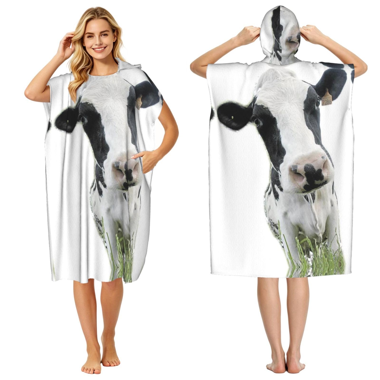 Peignoir à capuche imprimé tête de vache noir et blanc léger pour plage et piscine