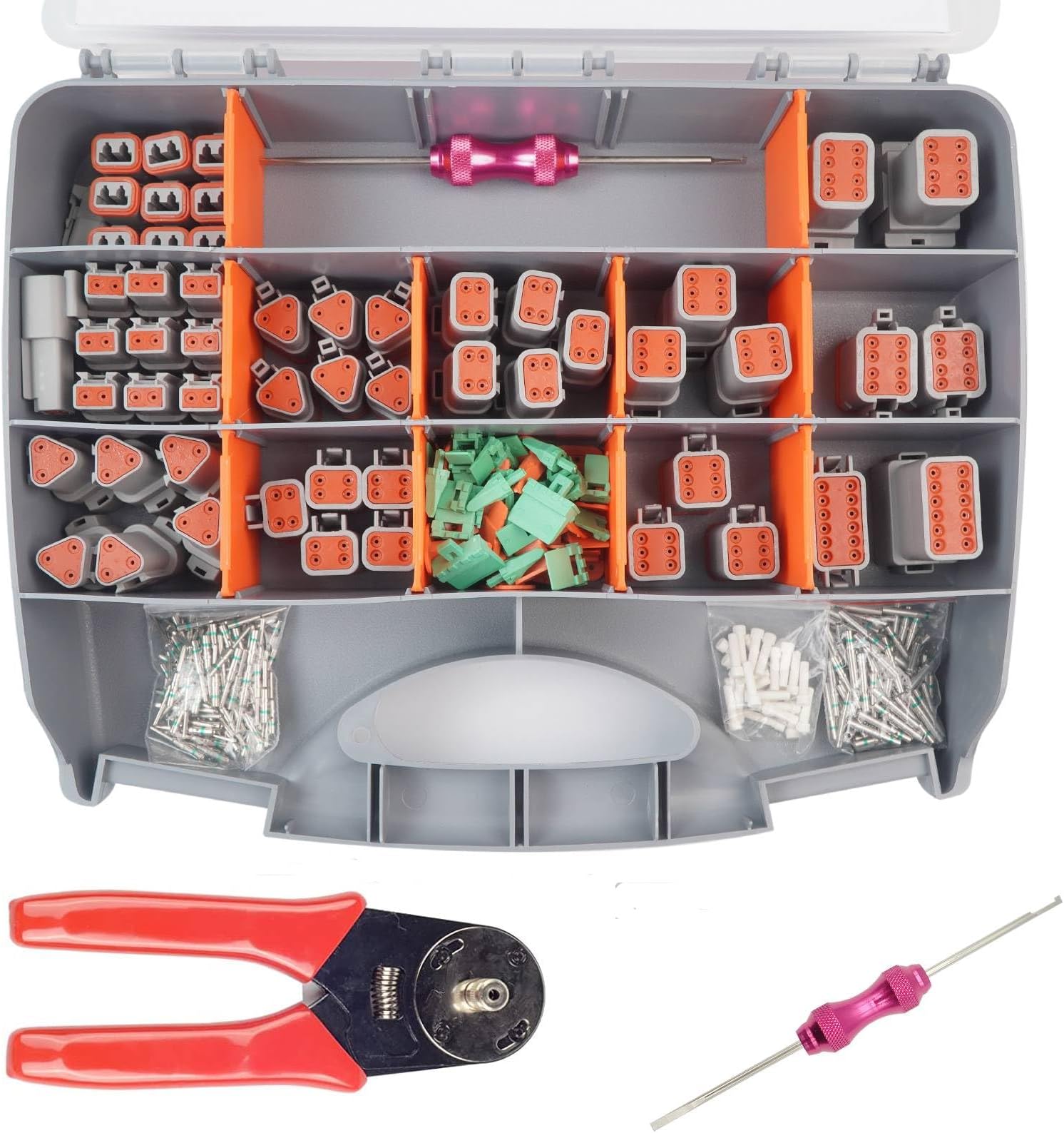Deutsch Connector Kit with Crimper, 2 3 4 6 8 12 Pin Connector kit, Deutsch Crimp Tool 12-20AWG, Size 16 Solid Contacts 14-20AWG, Pin Removal Tool, Automotive Electrical Wire Connectors