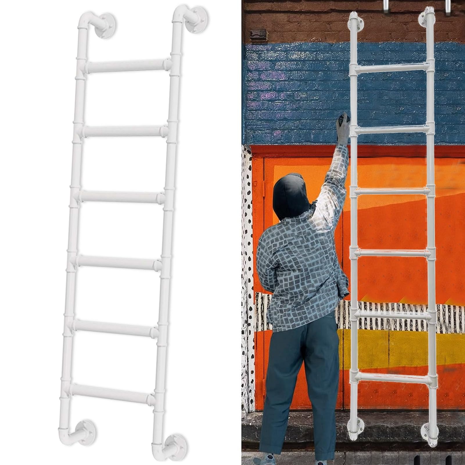 Window Well Ladder, Emergency Fire Ladder 4-8ft Height, Wall Mounted Metal Step for Home Loft White Attic Bunk Bed