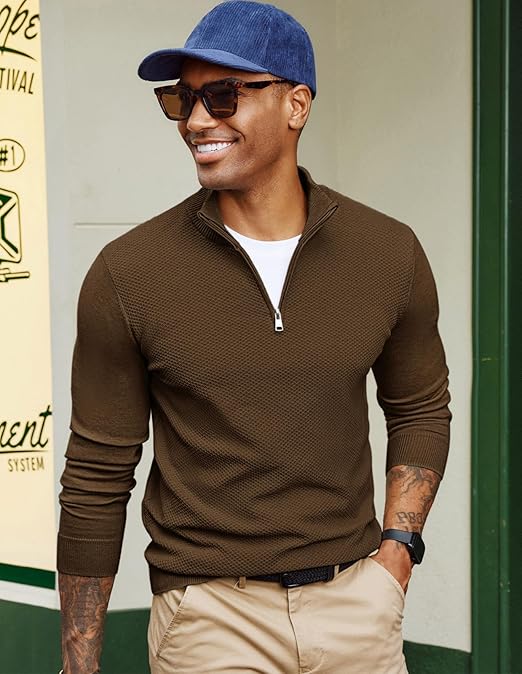 PJ PAUL JONES Gebreide trui voor heren, troyer, pullover met 1/4 rits, fijn gebreide wintertrui, lange mouwen, getextureerde trui met opstaande kraag, bruin, M