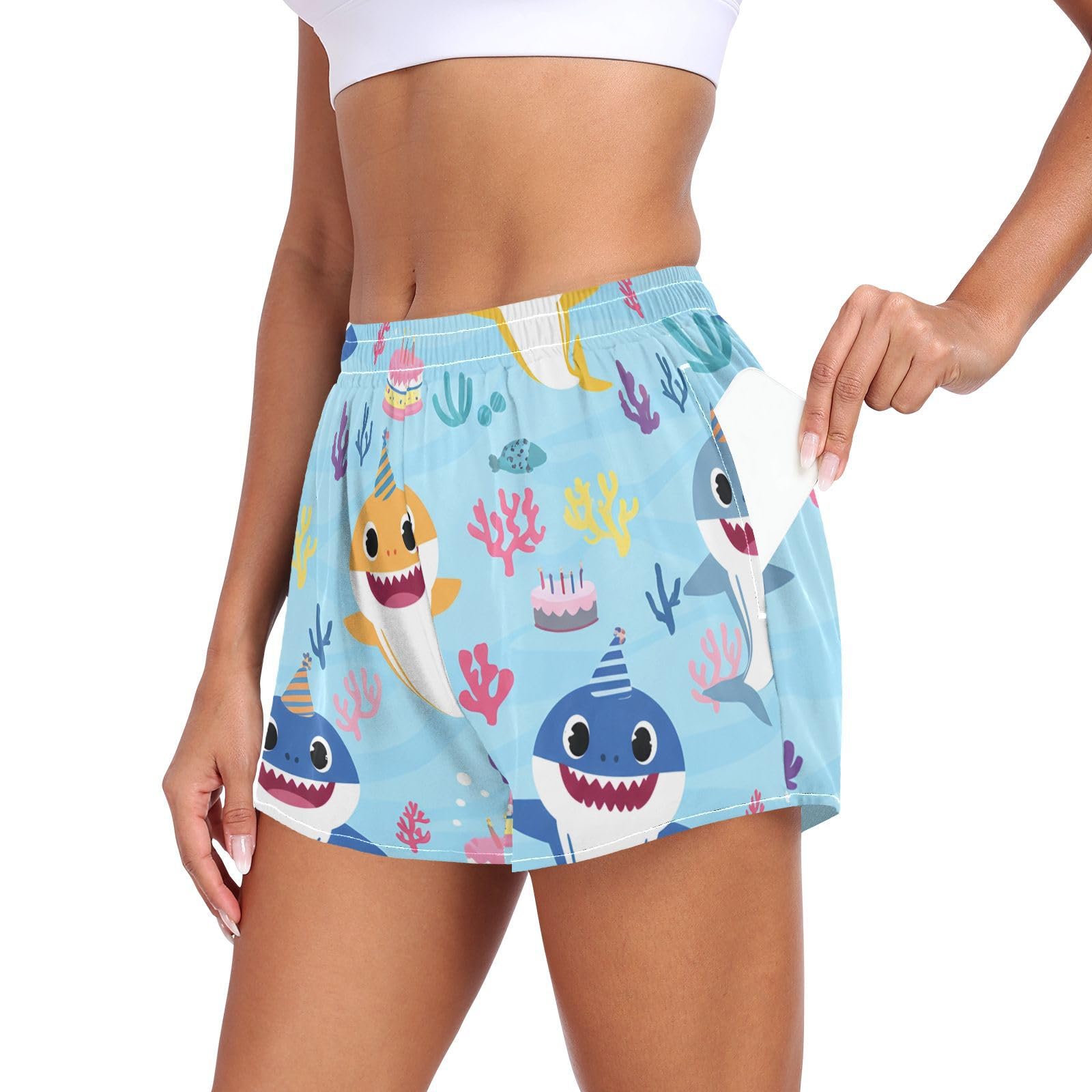 Women's Athletic Shorts Cute Cartoon Sharks Running Shorts Sporty Short Gym Elastic Workout Shorts 202c1575