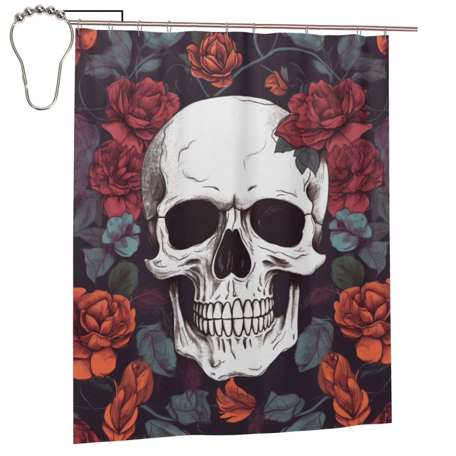 BWWHCCTI Floral Skull Printed Shower Curtain With 12 Iron Hooks Opaque Quick Drying Waterproof Shower Curtains Sets For Bathroom 152x183 Cm