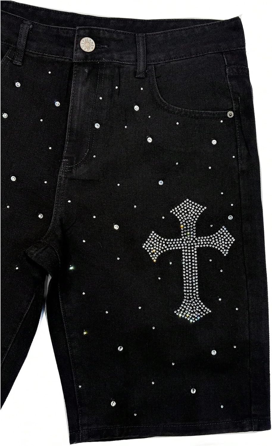 WDIRARA Men's Rhinestone Denim Shorts Frayed Raw Hem Straight Leg Jean Shorts Streetwear - Image 3