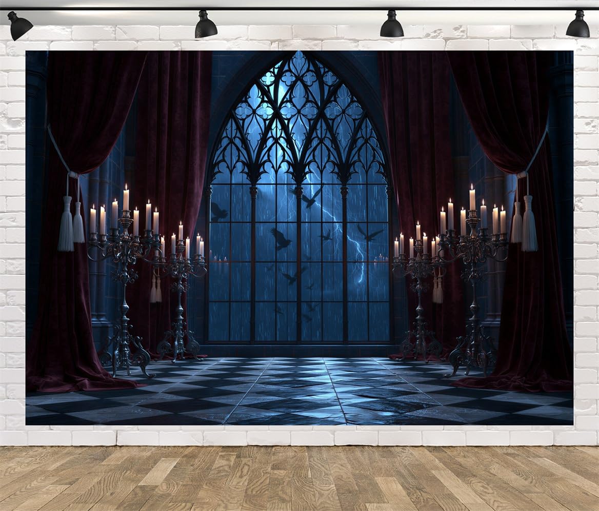BELECO 3.6x2.5m Sfondo in tessuto Sala Gotica Scura Halloween Spaventoso | Finestra Ad Arco Gotica Spaventosa Tempesta Corvi Candeliere Vista Castello Sfondo Orrore Telo Di Sfondo