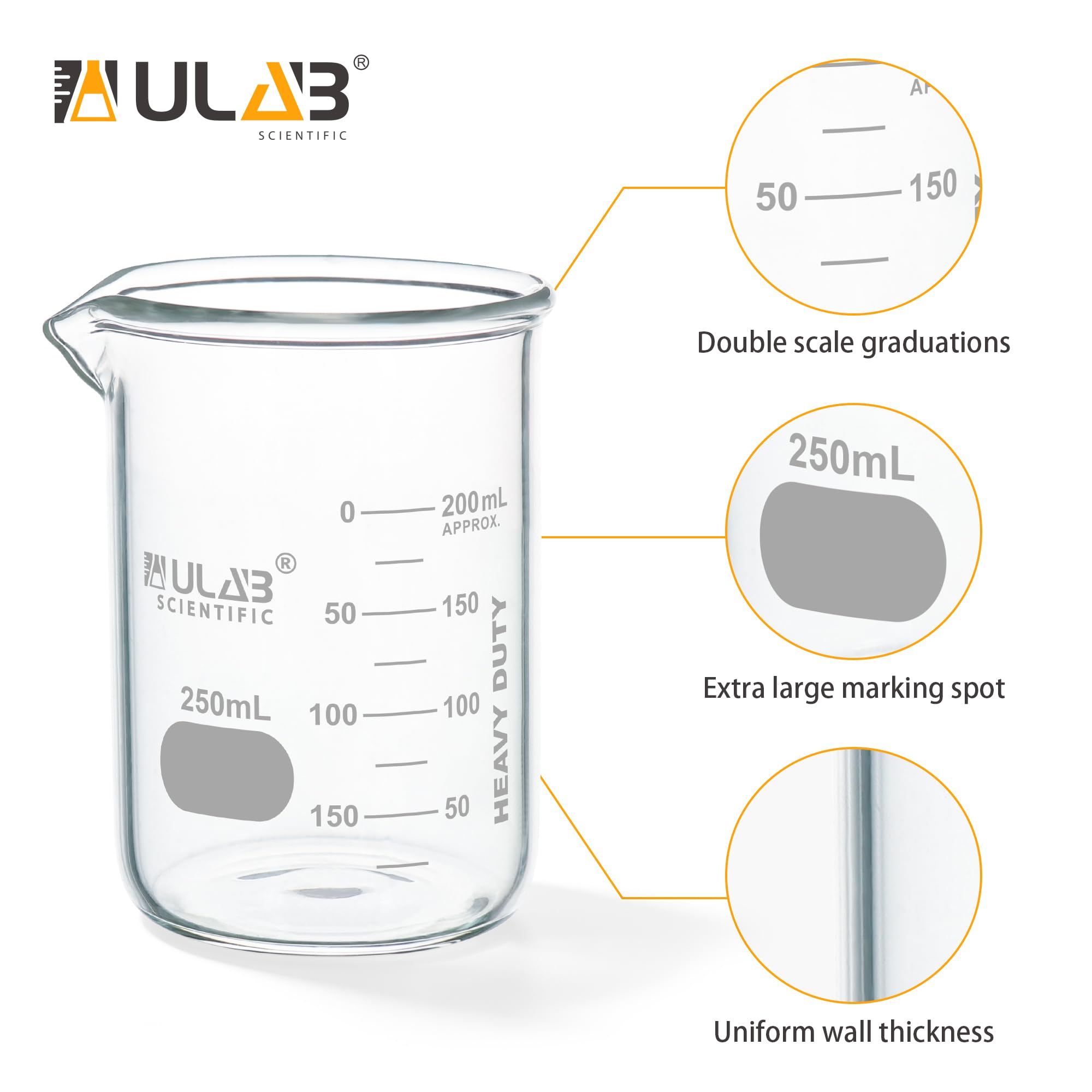 ULAB Scientific UBG1015 - Juego de vasos de precipitados de vidrio (250 ml, 3.3 borosilicato Griffin de forma baja con graduación impresa, 4 unidades)