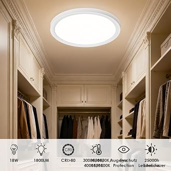 LED Ceiling Light Round Ceiling Light 3000 K 4000 K 6500 K 18 W 1800 LM IP44 Waterproof Modern Simple Lamp for Living Room Bathroom Bedroom Kitchen Thin 220 x 21 mm [Energy Class E]