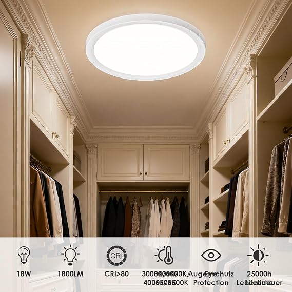 LED Ceiling Light Round Ceiling Light 3000 K 4000 K 6500 K 18 W 1800 LM IP44 Waterproof Modern Simple Lamp for Living Room Bathroom Bedroom Kitchen Thin 220 x 21 mm [Energy Class E]