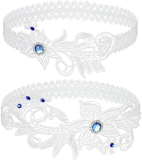 2 Pcs White Stretch Lace Blue Rhinestone Wedding Garters for Bride, Comfortable Cotton Wedding Accessories for Brides, Grace Women ang Girl White Garter Belt