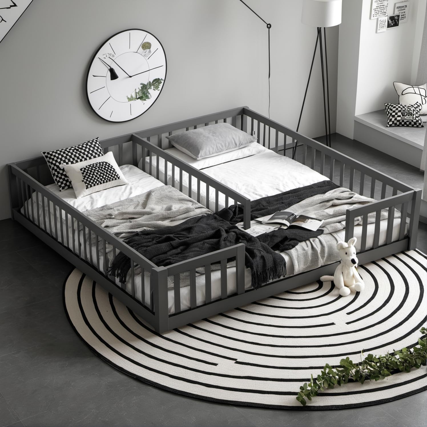 PVWIIK Twin Size Double Frame Floor Bed with Fence for Girls & Boys,Montessori Floor Bed w/Safety Guardrails for Girls,Boys,No Box Spring Needed, Grey