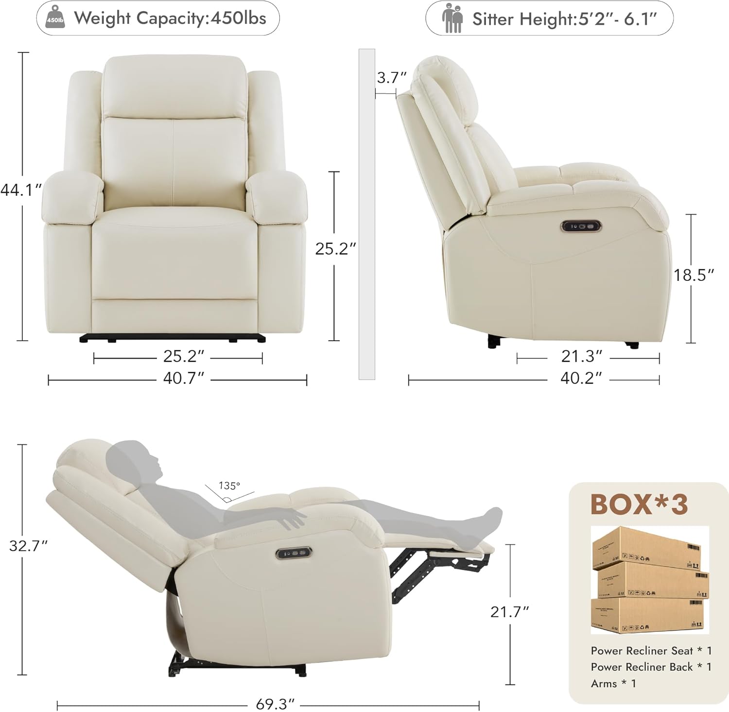 Watson & Whitely Oversized Genuine Leather Power Recliner Chairs for Big and Tall, Wall Hugger Recliner with Power Headrest & Charging Ports, Extra Large Reclining Chair for Living Room, Cream