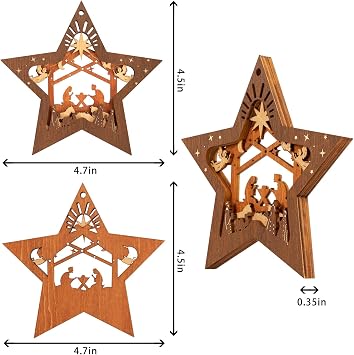 Creawoo 3Pack Nativity Scene Christmas Ornaments, Wooden Hanging Ornaments Star Shaped Keepsake for Xmas Tree Decor, Celebrate The Birth of Jesus