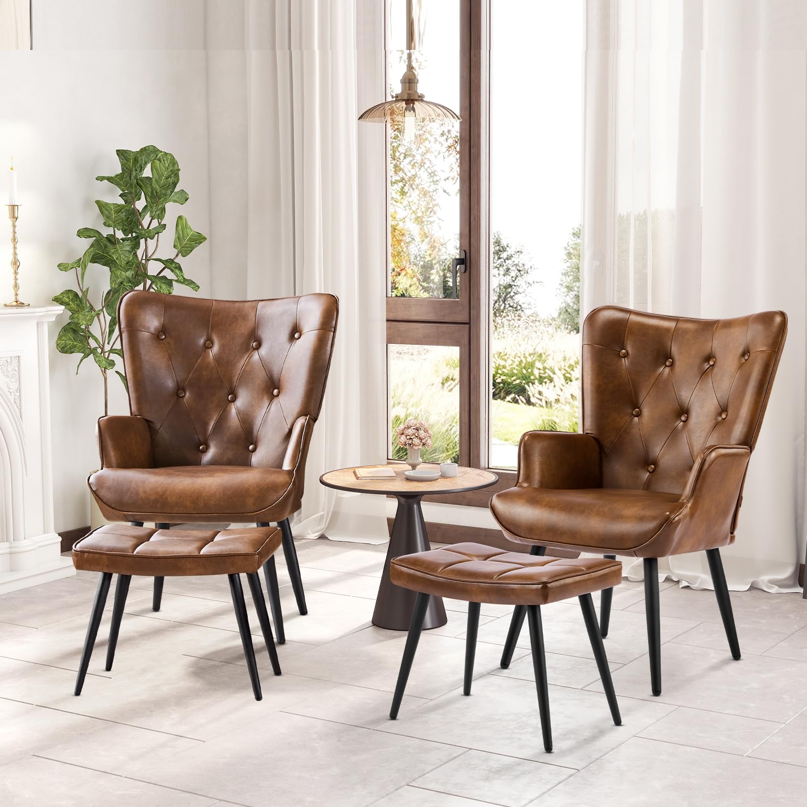 Sessel mit Hocker, Ohrensessel mit Hocker aus PU-Kunstleder, Sessel Wohnzimmer Relaxsessel mit Fußstütze Loungesessel Polstersessel fürs Wohnzimmer Schlafzimmer Arbeitszimmer, Braun