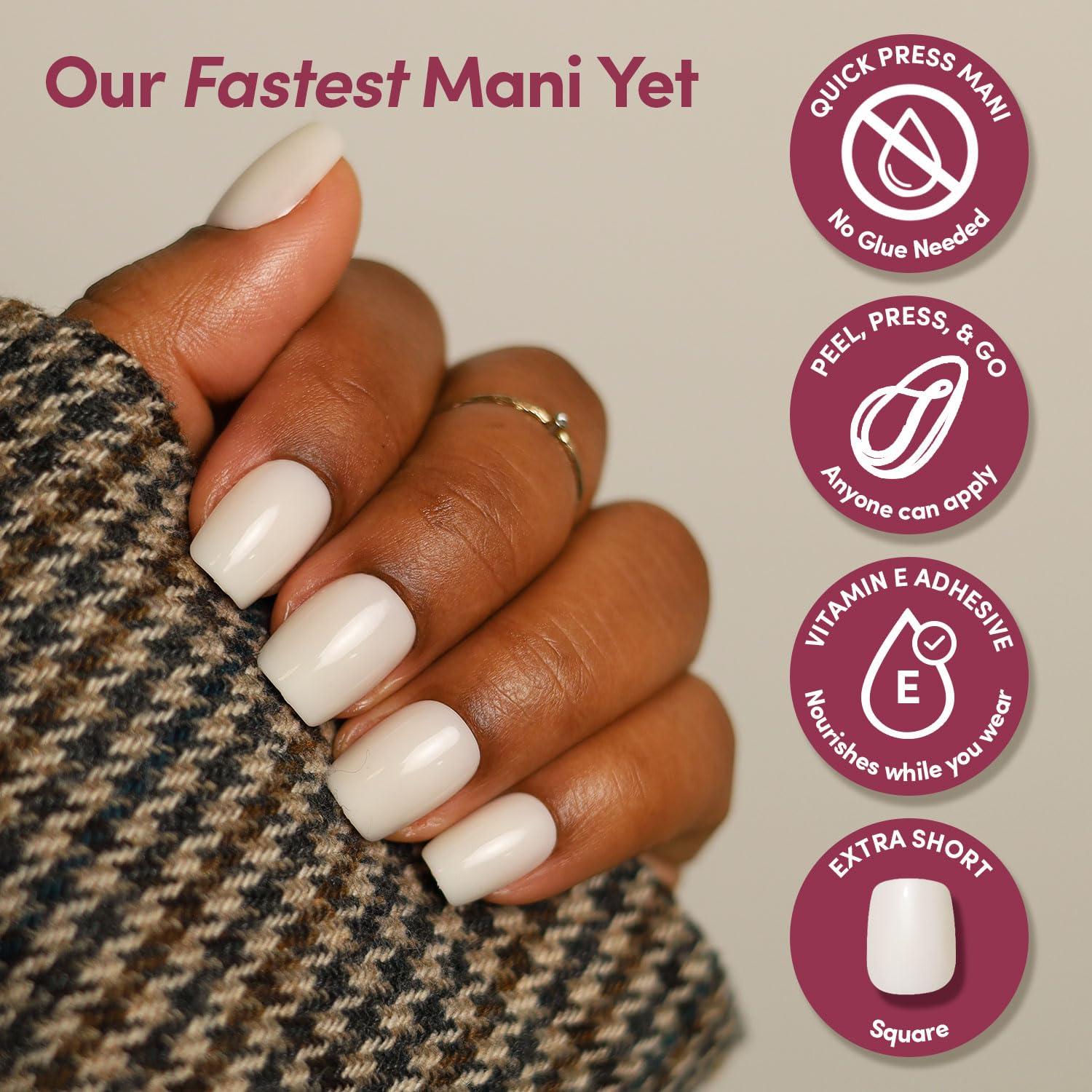 Glamnetic Quick Press Mani - No Glue Press On Nails, Just Peel and Stick, Square Extra Short Nails, Mess Free, Salon Quality Stick On Nails, Porcelain | in 15 Sizes - 30 Nail Kit | Gift For Mom