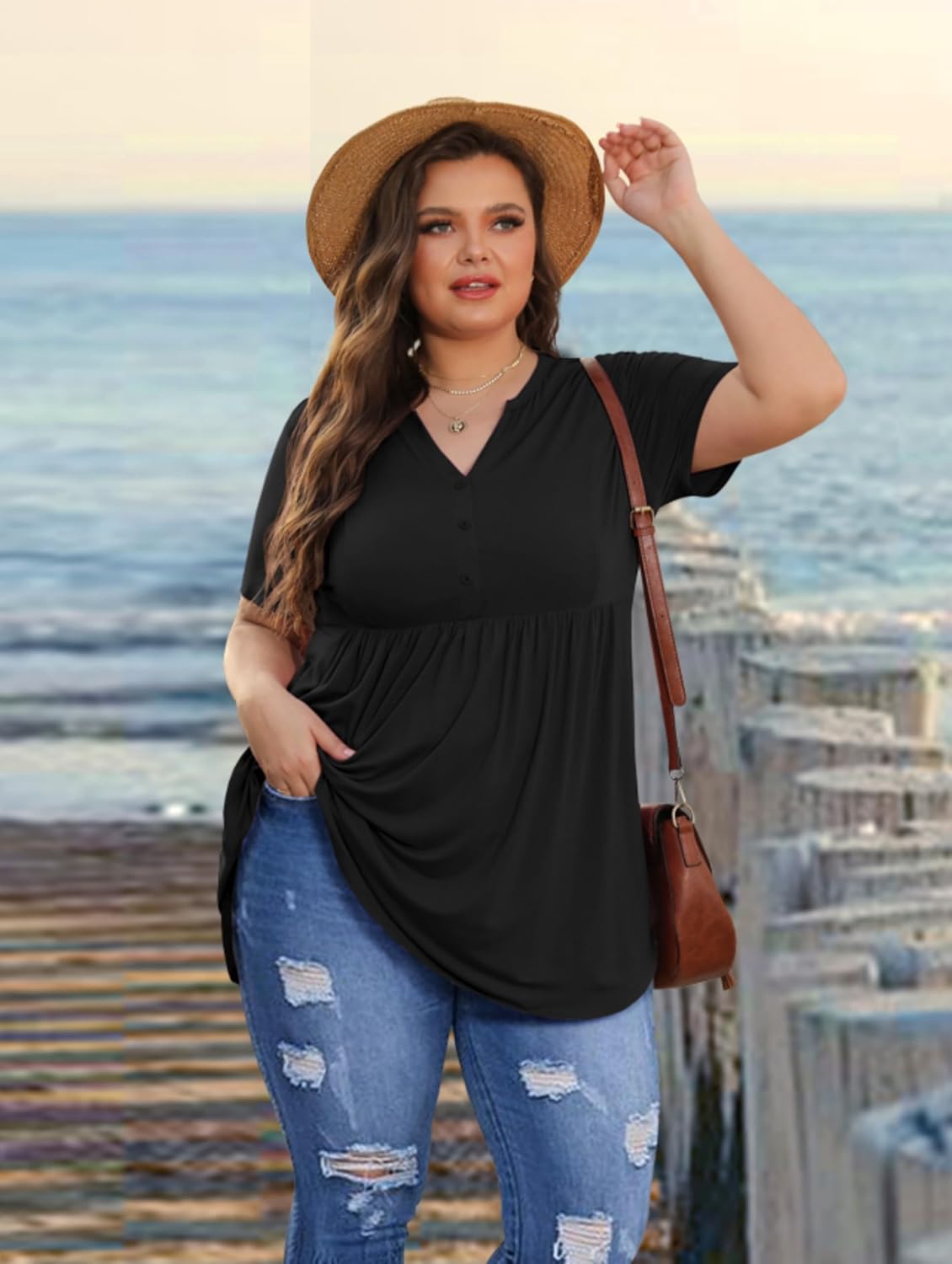 SHIJIALI Women's Plus Size Henley Shirts V Neck Button Tunic Tops Casual Short Sleeve Swing Flowy Tunic - Image 6